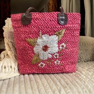 Lord & Taylor Pink Woven Straw Tote Floral Embroidery